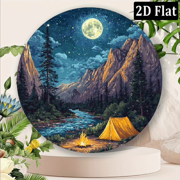 Ullo0ord 2D Flat, 1pc, 2D Flat Print, Round Vintage Metal Aluminum Sign Wall art, Camping Bonfire Themed, for Bar Kitchen Coffee home room living room office decor, party decor, Halloween Gifts