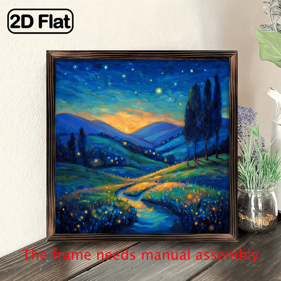 Ullo0ord 2D Flat, 1pc 8*8 inch, Vintage Wooden Framed Painting, The road in the grass under the night sky, creative design, Home Decor Gift, art wall painting bedroom, office wall decoration