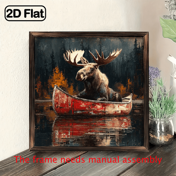 Ullo0ord 2D Flat, 1pc 8x8 Inch Framed & Wall Art, Inch Framed Moose with Red Canoe Wall Art - Rustic Lodge Wildlife Print on Recycled Wood Frame, Vibrant Autumn Forest Scene for Cabin, Hallway