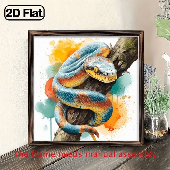 Ullo0ord 2D Flat, 1pc 8x8 Inch Framed & Wall Art, Modern Minimalist Green Snake Wall rt - Turquoise Golden Watercolor-like Coiled Snake Painting on Wrapped Canvas Frame, Blue-Green Scale Texture