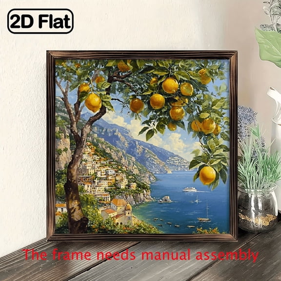 Ullo0ord 2D Flat, 1pc 8x8 Inch Wood Framed Wall Art, Friendly Lemon Tree by the Cliff Canvas Art Kit - Vibrant Mediterranean Landscape, Perfect for Home Decor, Lemon Kitchen Decor