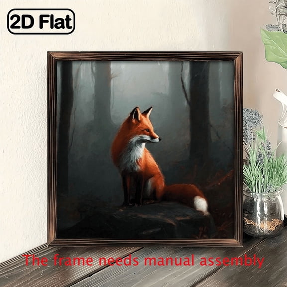 Ullo0ord 2D Flat, 1pc Classic Woodland Fox Oil Painting with Vintage Frame, High Definition Canvas Art for Living Room Wall Decor - Monet-Inspired Fox in Forest Scene Home Interior Decorative Print