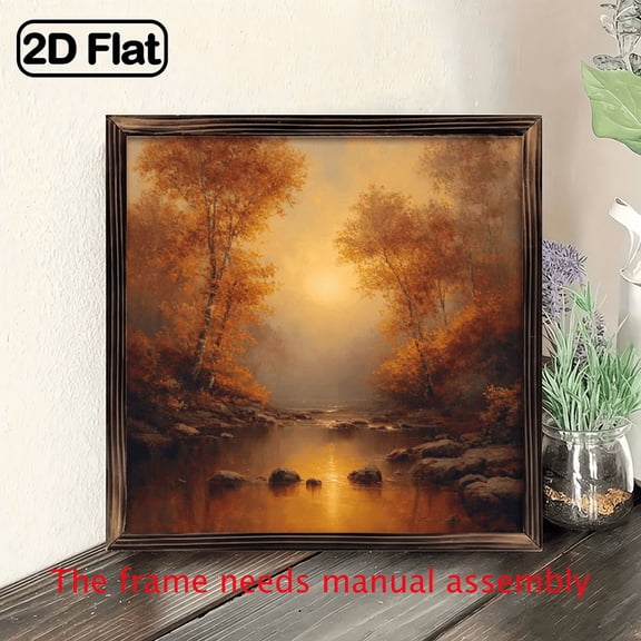 Ullo0ord 2D Flat, 1pc Retro Woodblock Print Wall Art - 8x8 Inch Square Artificial Wood Autumn Stream Scene with Vibrant Fall Colors, Modern Home Decor for Living Room, Holiday Gift for Fathers