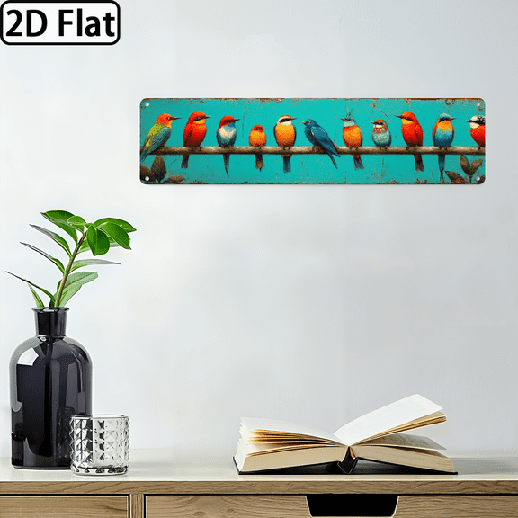 Ullo0ord 2D Flat, 1pc Rustic Colorful Birds on Wire Metal Sign Tropical Bird Theme Wall Decor, Vintage Style, 4*16 Inch, Ideal for Living Room, Bedroom, Kitchen, Office, Bird Decor