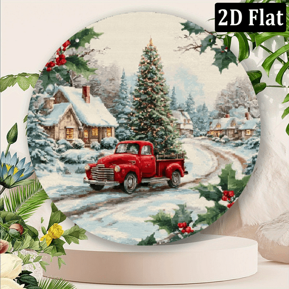 Ullo0ord 2D Flat, 1pc, Rustic Red Truck Christmas Tree Holiday Journey, Vintage Aluminum Tin Sign, 8x8 inches, Metal Wall Art for Indoor Outdoor, Home, Restaurant, Cafe, Garage Decor
