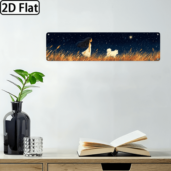 Ullo0ord 2D Flat, 1pc Samoyed Dog Little Starry Night Meadow Sign 4x16 Inch Cute Samoyed Puppy Wall Art with Dog Under Stars, Cozy Room Decor, Durable Flat Panel for Shelves, Easy Mounting