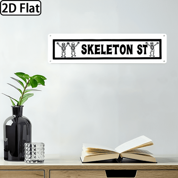 Ullo0ord 2D Flat, 1pc Skeleton Street Metal Sign 4x16 Inches, Black White Western-Style Wall Decor with Skeletons in Brawl, Durable Iron Material, Perfect for Home, Bar, or Restaurant