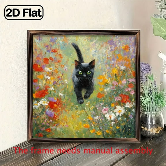 Ullo0ord 2D Flat, 1pc Vintage Black Cat in Flower Field Oil Painting, 8*8 inch, Framed Wooden Wall Art Decor for Living Room, Bedroom, Kitchen, Bathroom, Laundry - Ideal Gift for Easter, Mother'S Day