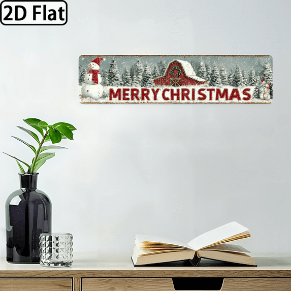 Ullo0ord 2D Flat, 1pc Vintage Christmas Metal Sign Rustic Red White Snow House, Pine Trees Merry Christmas Text Heavy-Duty Indoor Outdoor Decoration Large 4x16 Inches Farmhouse, Cabin, Home Decor