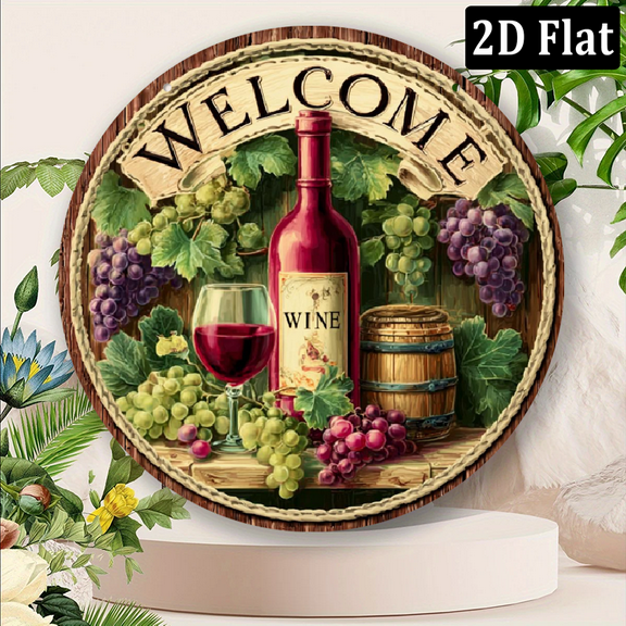 Ullo0ord 2D Flat 1pc, Vintage Wine Theme Round Iron Sign with Grape, Wine Glass and Barrel Design - 787x787 Inch Country Welcome Plaque, Suitable for Home, Bar, Kitchen or Cellar Decor