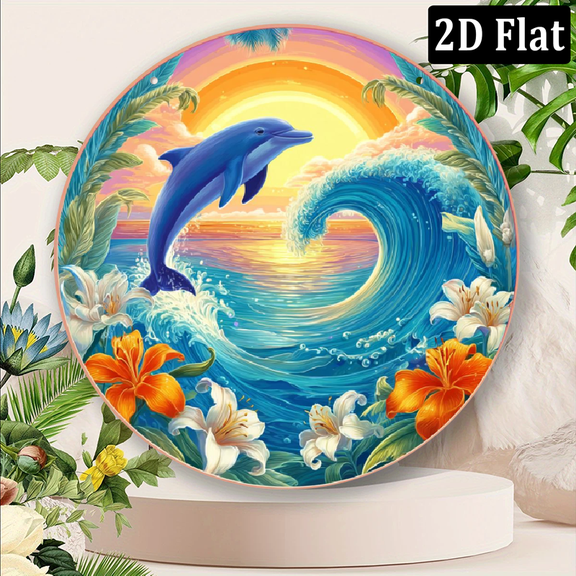 Ullo0ord 2D Flat 8*8in Round Metal Sign, Ocean Dolphin Sunrise, Gift Ideas, Bedroom Decoration, Stylish And Simple Office, Family Coffee Wall Decoration, Waterproof And Rust-proof