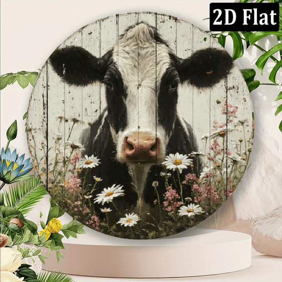 Ullo0ord 2D Flat, 8 Inch Aluminum Wall Plaque - Rustic Farmhouse Decor with Holstein Cow Colorful Floral Design, Durable Indoor_Outdoor Wall Art for Living Room, Patio, Bedroom