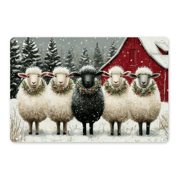 Ullo0ord 2D Flat Christmas Red House Sheep Wooden Frame Sign Vintage Wall Decor Funny Kitchen Sign Retro Room Decoration Winter Tree Snowy Branch Horizontal Wall Art Poster for Home Bar Garage Dorm