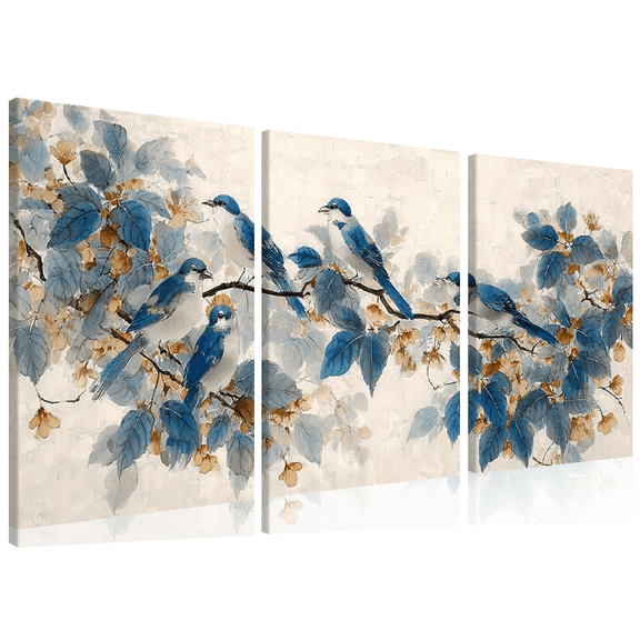Ullo0ord 2D Flat, Extra Large Modern Farmhouse/Art Deco Abstract Birds and Branches Canvas Wall Art Poster - Blue, Beige, White, Black, Golden Accent Painting - Large Living Room  12*16inch*3pcs
