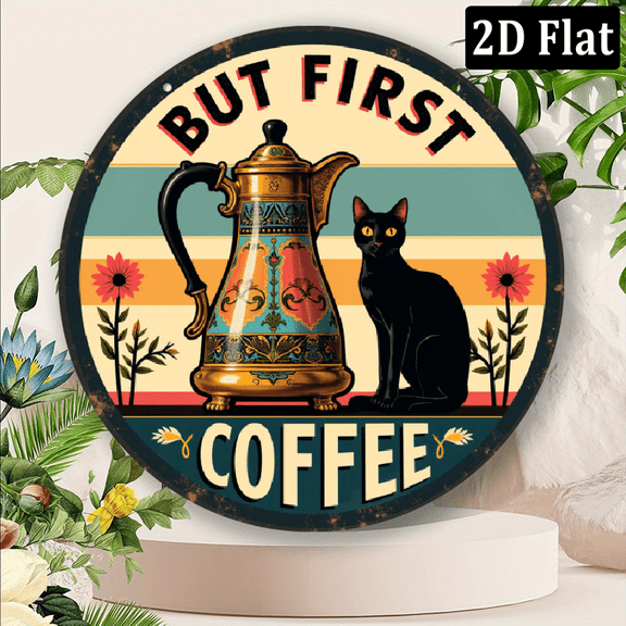 Ullo0ord 2D Flat, Kitchen Decor 1pc, But First a Cup of Coffee, Black Cat, Kitchen Sign Decoration Round Metal Plaque Sign, Measures 78x78 Inches, for Home, Farmhouse, Restaurant, Bakery