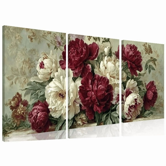 Ullo0ord 2D Flat, Large Bouquet Burgundy White Peonies Canvas Wall Art Print - Modern Floral Painting with Wrapped Frame, Vibrant Red-White Color Palette, Elegant Home Decor 12*16inch*3pcs