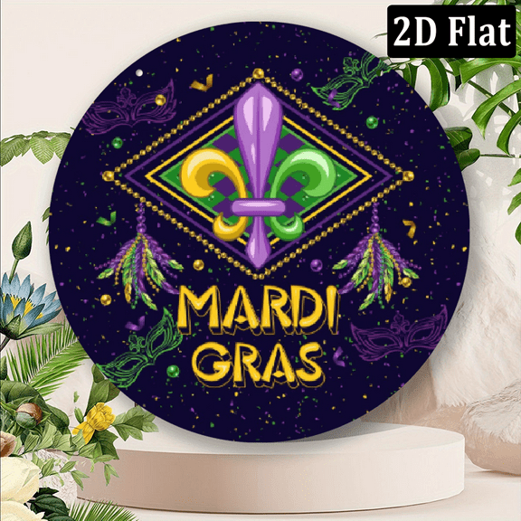 Ullo0ord 2D Flat Mardi Gras Fleur De Lis Front Door Decor - Welcome Wall Hanging Sign for Outside Outdoor Porch - Wreath Beads Mask Door Hanger - Decorations for House Yard 8*8in