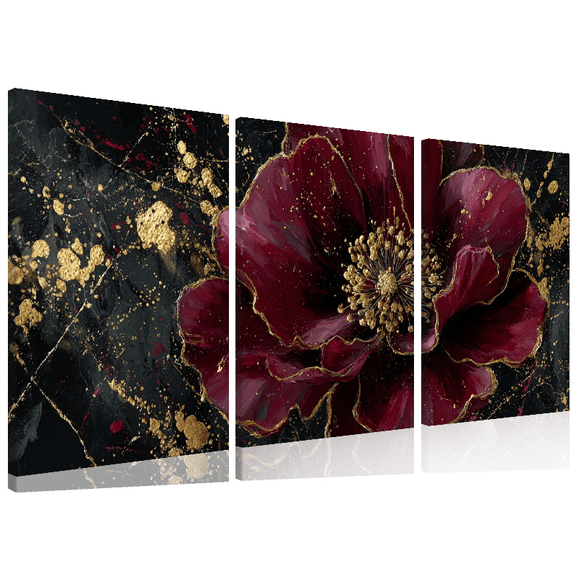 Ullo0ord 2D Flat, Modern Burgundy Golden Abstract Floral Canvas Wall Art Painting with Deep Red Flowers Golden Accent on Black for Living Room, Bedroom, Office 12*16inch *3pcs