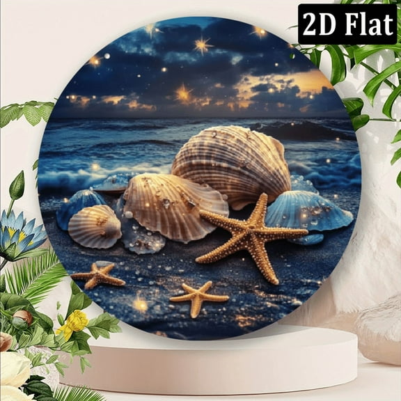 Ullo0ord 2D Flat Retro Beach Round Metal Sign Beach Seashell Metal Tin Sign Vintage Summer Wall Decor for Kitchen Porch Outdoor Window Yard 88 Inch, 2D Flat 8*8in