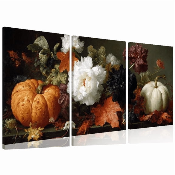 Ullo0ord 2D Flat, Wooden Framed Canvas Wall Art - Autumn Pumpkin Floral Still Life Painting, Modern Abstract White Orange Red Brown Fall Colors, Horizontal Wall Decor 12*16inch*3pcs