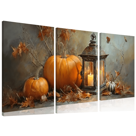 Ullo0ord 2D Flat, Wooden Prints Halloween Pumpkin Canvas Wall Art, Autumn Fall Harvest Pumpkin Lights Thanksgiving Vintage Poster Print for Indoor Bedroom Living Room Gallery Decor 12*16inch*3pcs