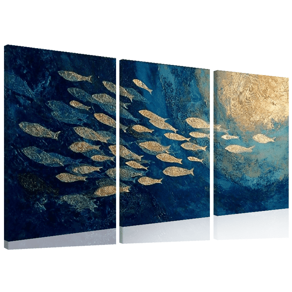 Ullo0ord 2D Large Frame Abstract Ocean Canvas Wall Art - Blue and Golden Fish School, Modern Print for Living Room, Bedroom or Hallway Decor, Coastal Home Decoration 12*16inch*3pcs