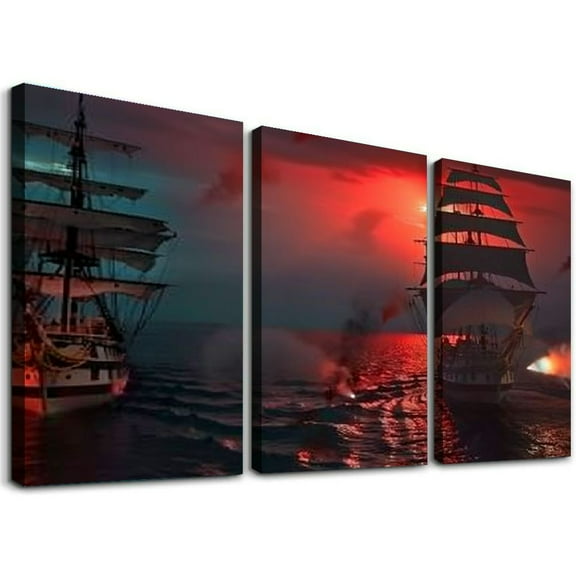 Ullo0ord 3 Panel Pirate Ship Wall Art Ready to Hang Pirate Canvas Ship Canvas Wall Art Pirate Pictures for Home Decor Sailboat Wall Art Seascape Pictures for Home Decor Decoration 12x16x3pcs