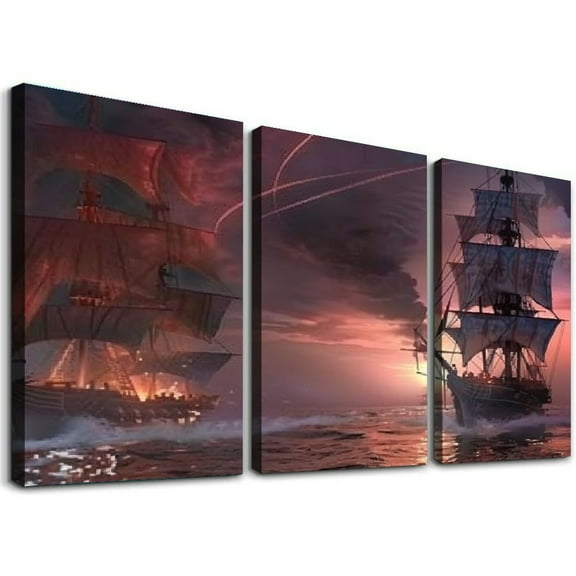 Ullo0ord 3 Panel Pirate Ship Wall Art Ready to Hang  Pirate Canvas Ship Canvas Wall Art Pirate Pictures for Home Decor Sailboat Wall Art Seascape Pictures for Home Decor Decoration 12x16x3pcs