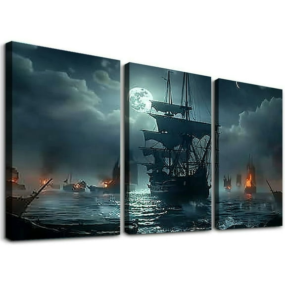 Ullo0ord 3 Pcs Ghost Pirate Ship Decorations Art Prints Pirate Wall Art Nautical Sailboat Canvas Art Painting for Man Cave Bar Pirate Ship Canvas Wall Art Large Wall Art Pirate Pictures 12x16x3pcs