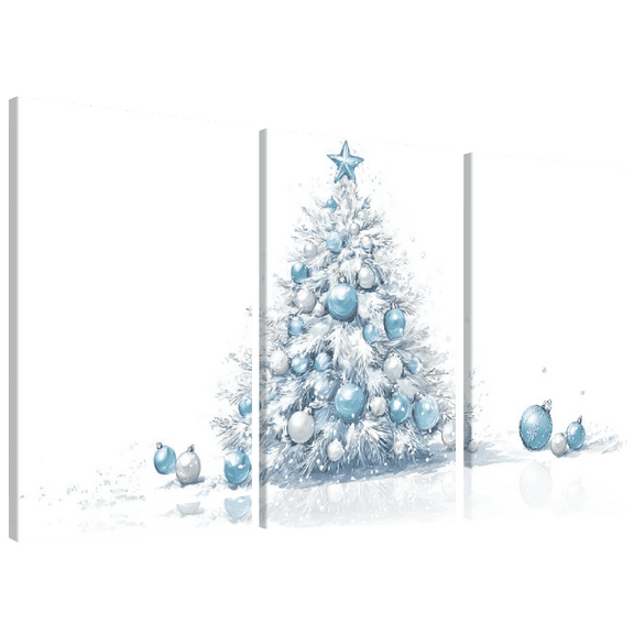 Ullo0ord 3pcs Festive Christmas Canvas Art Prints - Winter Blue Snowflake, Christmas Tree Wreath Wall Decor with Wooden Frame, Vibrant Holiday Home Decor for Living Room 12*16inch*3pcs
