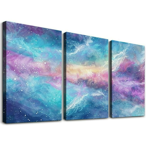 Ullo0ord  Abstract Romantic Color Picture Canvas Wall Art, Inch Blue and Purple Nebula Acrylic Paint Prints Artwork Wall Decor, Gallery Wrapped Modern Art Deco