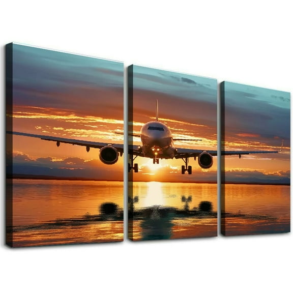 Ullo0ord Airplane Pictures Wall Art Landscape Sunset Airplane Canvas Print Wall Art Picture Modern Home Decor Canvas Painting Wall Art Poster for Bedroom Living Room Decor  12x16x3pcs