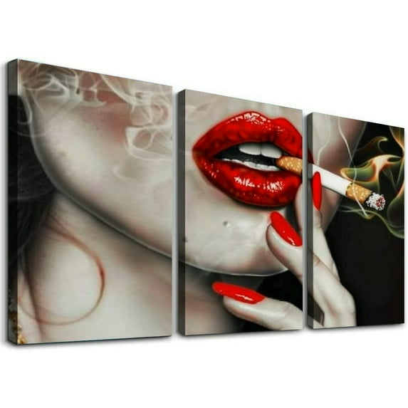 Ullo0ord Art Wall Decor Fashion Red Lips Smoking Girl Painting Canvas Painting Canvas Painting Wall Art for Bedroom Living Room Decor