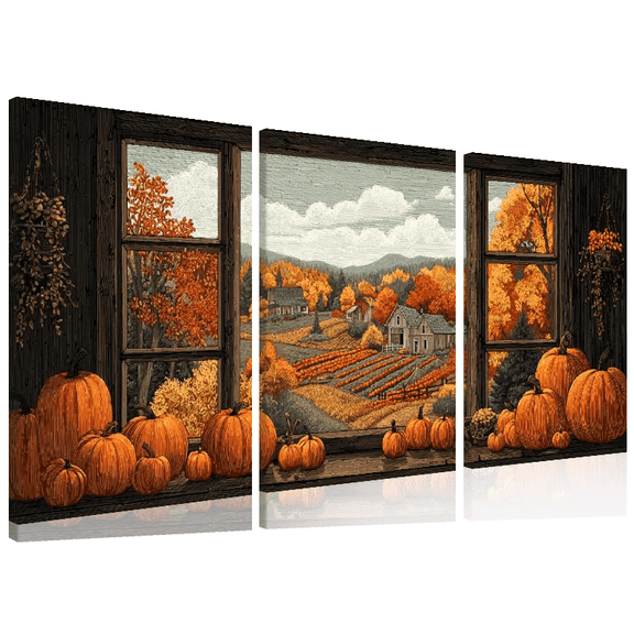 Ullo0ord Autumn Serenity: Pumpkin Patch Fall Leaves Canvas Art Print - High-Definition, Semi-Gloss Finish, WoodFrame Perfect for Living Room, Bedroom, Office Decor 12*16inch*3pcs