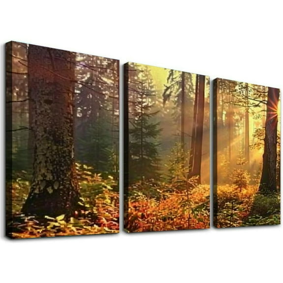 Ullo0ord Autumn Sunbeams Forest Light Canvas Wall Art Colorful Autumn Painting For Livingroom Office Bedroom Wall Decor Ready to Hang 12x16x3pcs