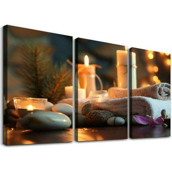 Ullo0ord Bathroom Picture Canvas Wall Art, Inch Candles and Zen Stone Giclee Prints Artwork Wall Decor, Gallery Wrapped Modern Art Deco, Ready to hang