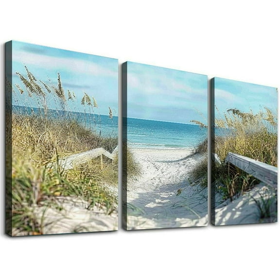 Ullo0ord Beach Artwork Seascape Wall Art: Seaside Framed Painting Fence Pathway Picture Print on Wrapped Canvas for Living Room