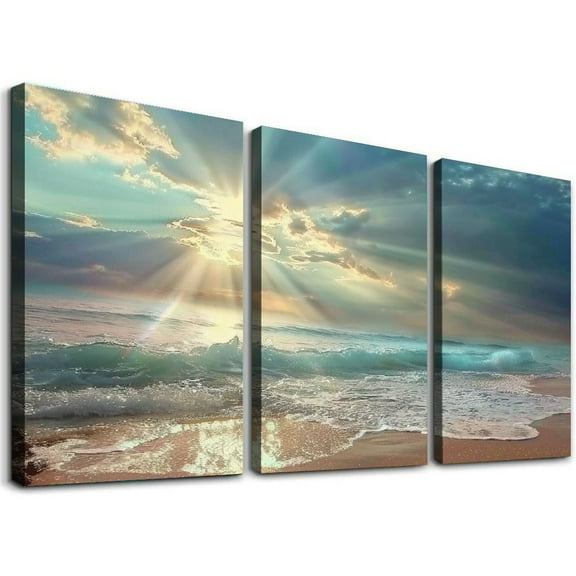 Ullo0ord Beach Wall Art Ocean Waves Canvas Print Pictures, Sunset Seascape Painting for Beach House Decor Gift, Nature Sea Theme Poster Framed Artwork for Living Room Wall Decor Easy to Hang