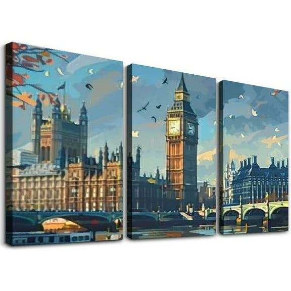 Ullo0ord Beautiful Scenery Painting Art, Big Ben Clock Tower Canvas Wall Decor Charming Landscape Portrait Art Poster Painting Aesthetic Home Decoration Academia Prints 12x16x3pcs