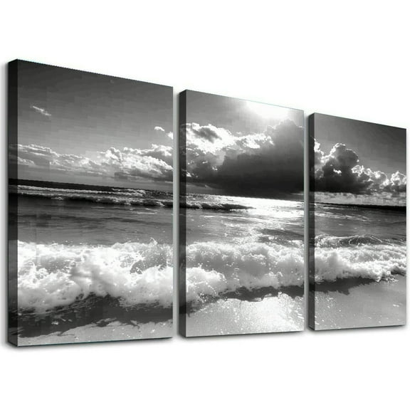 Ullo0ord Black White Ocean Waves Poster, Modern Kitchen Wall Art Pictures Canvas Decor Painting,For Kitchen, Restaurant, Bar, Living Room