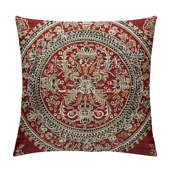 Ullo0ord Brocade Couch Throw Pillow Cover Silk Unique Red Gold Jacquard Weave Home Decor Mandala and Floral Pattern Square Cushion Cover 20x20in