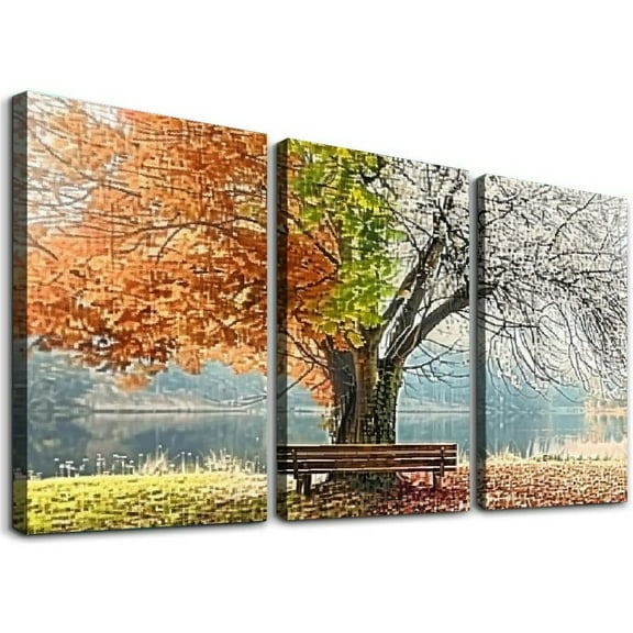 Ullo0ord Canvas Prints Wall Art Decor Large Four Seasons Tree Picture 1 Panel Spring Summer Autumn Winter Tree Painting Artwork for Dining Room Kitchen Home Decor Ready to Hang 12x16x3pcs