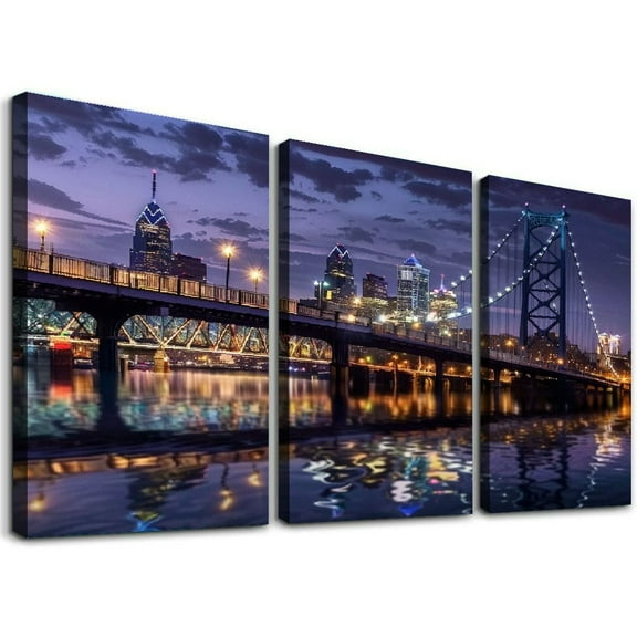 Ullo0ord Canvas Prints Wall Art Skyline Reflected in The Delaware River Pictures Ben Franklin Bridge Painting Printed on Canvas Art Work for