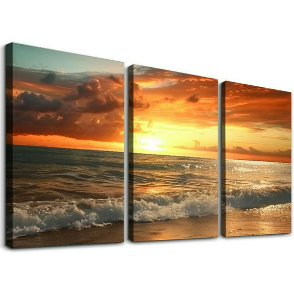 Ullo0ord  Canvas Prints Wall Art Sunset Ocean Beach Pictures Photo Paintings for Living Room Bedroom Home Decorations Modern Stretched and Framed Seascape Waves Landscape Giclee Artwork