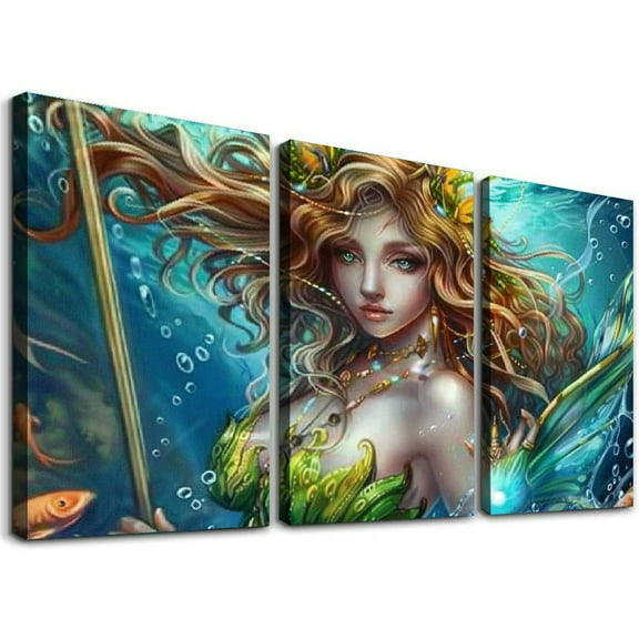 Ullo0ord Canvas Wall Art Painting One Panel Anime Mermaid Fantasy Fairy Artwork Prints, Modern Framed Canvas Wall Decorations for Living Room Bedroom Bathroom