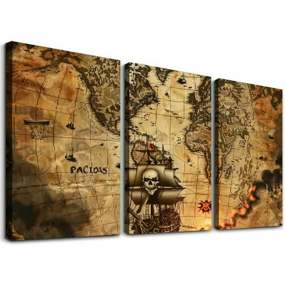 Ullo0ord Canvas Wall Art Painting One Panel Nautical Map Skull Artwork Prints, Modern Framed Canvas Wall Decorations for Living Room Bedroom Bathroom