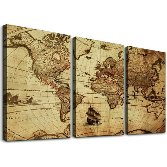 Ullo0ord Canvas Wall Art Painting One Panel Retro Old World Map Artwork Prints, Modern Framed Canvas Wall Decorations for Living Room Bedroom Bathroom