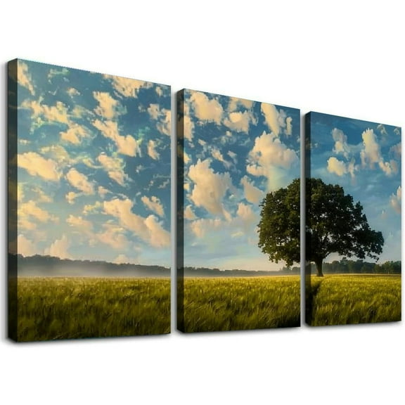 Ullo0ord Canvas Wall Art Painting One Panel Tree Field Nature Landscape Artwork Prints, Modern Framed Canvas Wall Decor for Living Room Bedroom Bathroom