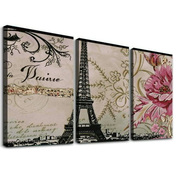 Ullo0ord Canvas Wall Art Painting One Panel Vintage Eiffel Tower Pink Flower Artwork Prints, Modern Framed Canvas Wall Decorations for Living Room Bedroom Bathroom