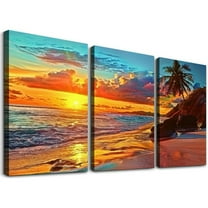 Ullo0ord Canvas Wall Art Tropical Beach At Sunset Seascape Picture Paintings Artwork Prints Ready to Hang for Home Office Bedroom Living Room Bathroom Kitchen Wall Decor 12x16x3pcs